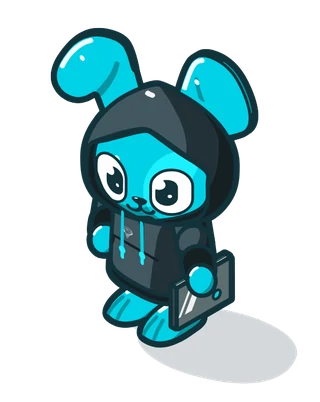 Hop, a rabbit in a hoodie holding a laptop